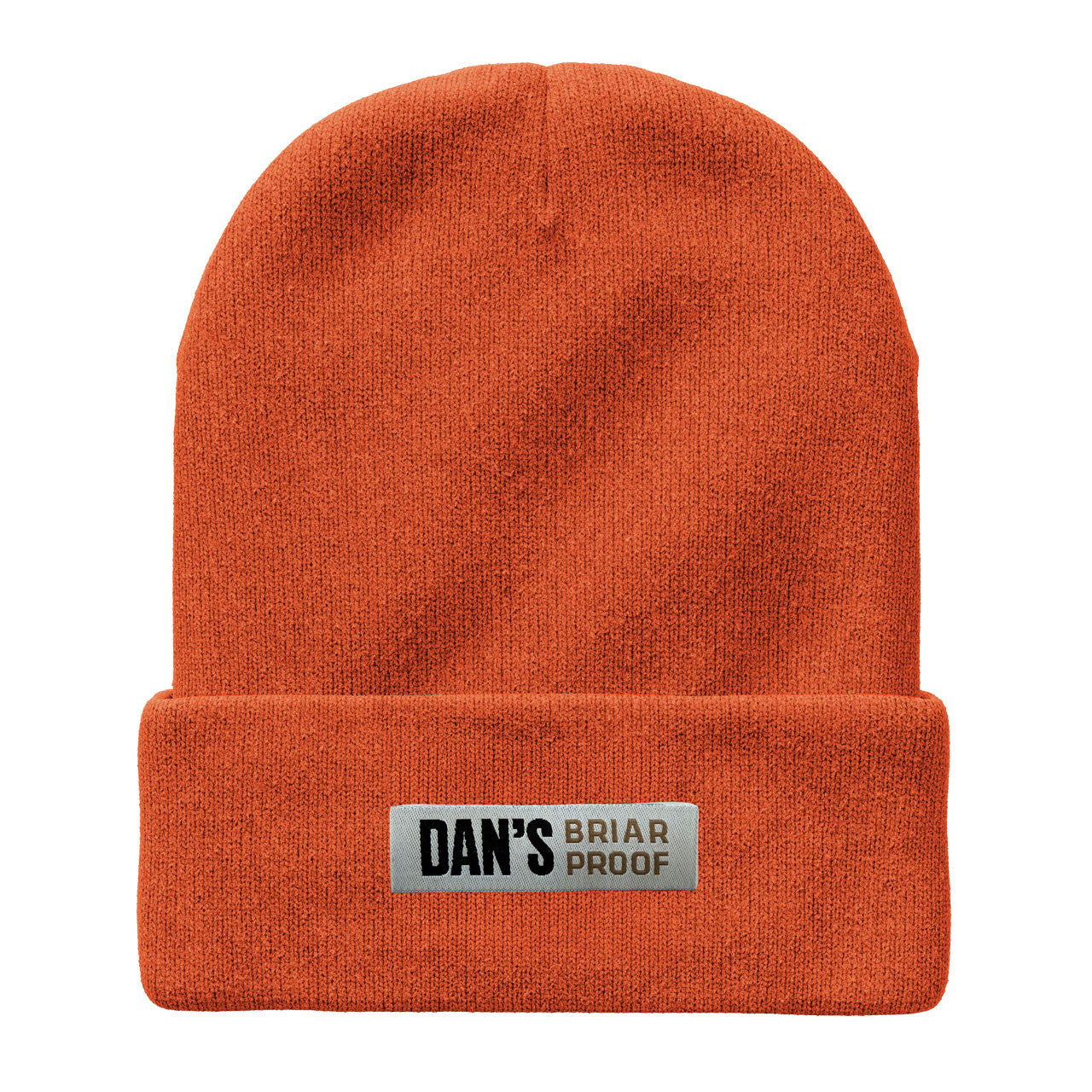 Dan's hunter-orange knit beanie with cuff and embroidered logo