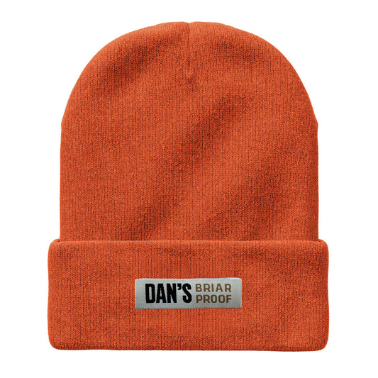 Dan's hunter-orange knit beanie with cuff and embroidered logo