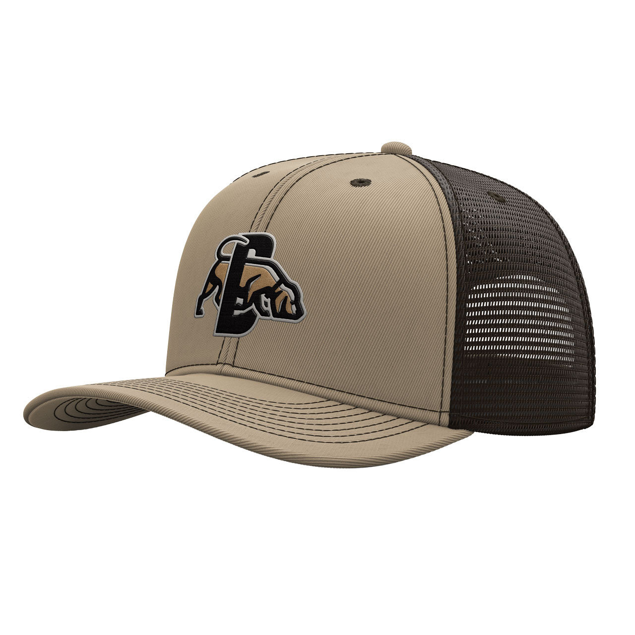 Dan's Richardson trucker hat in tan and black with coonhound icon