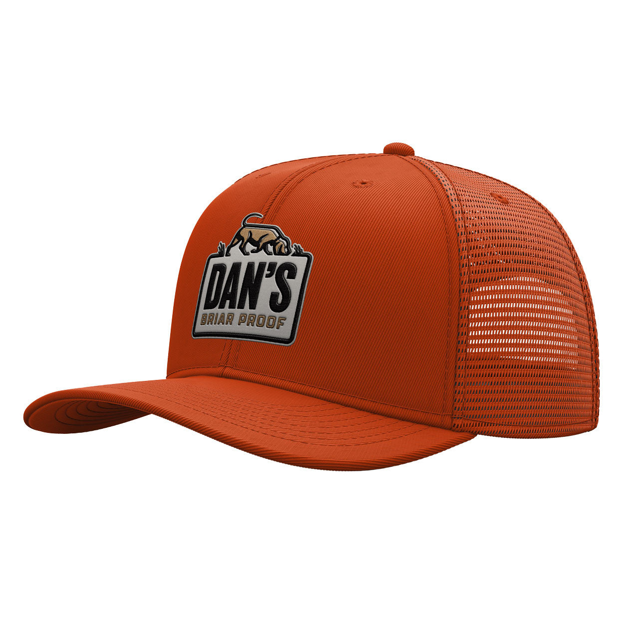 Dan's Richardson trucker hat in hunter orange with embroidered logo